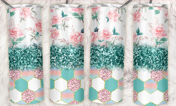 Aqua Glitter Rose Sublimation or Waterslide Wrap - 20oz and 30oz