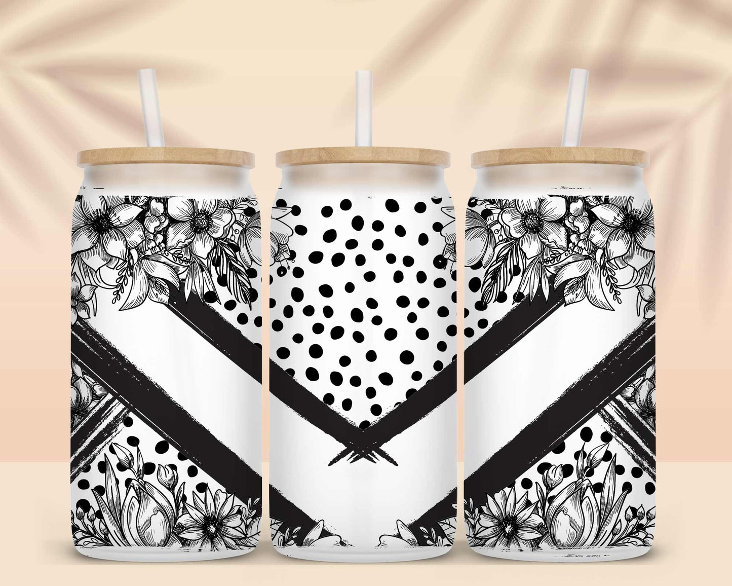 Black and White Flowers Polka Dots Sublimation Libbey Can Wrap