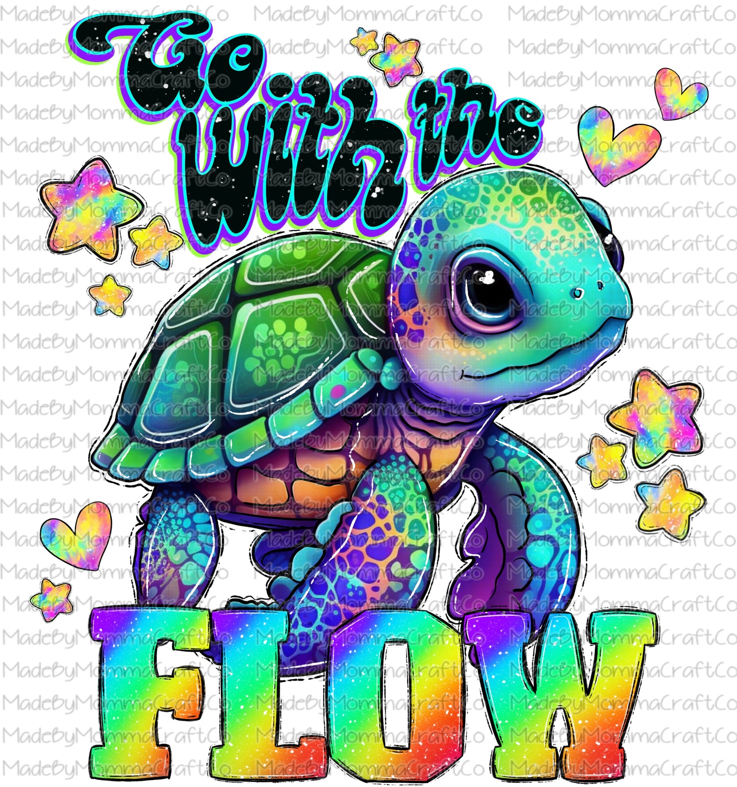 Go with the flow turtle 90s retro rainbow neon  - Cheat Clear Waterslide Decal or Digital Download