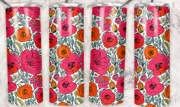 Floral Pattern Pink Orange Sublimation or Waterslide Wrap - 20oz and 30oz