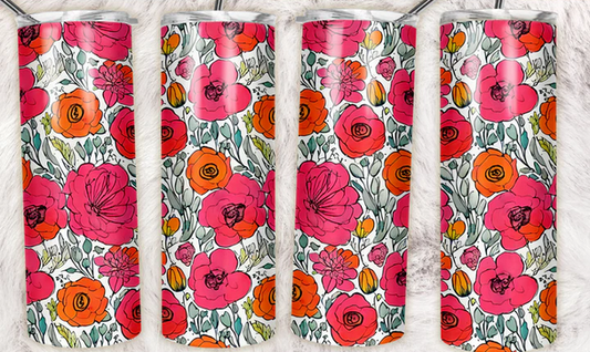 Floral Pattern Pink Orange Sublimation or Waterslide Wrap - 20oz and 30oz