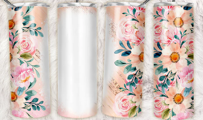 Gold Foil Peach Pink Flower Sublimation or Waterslide Wrap - 20oz and 30oz