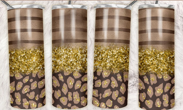 Gold Glitter Brown Leopard Sublimation or Waterslide Wrap - 20oz and 30oz