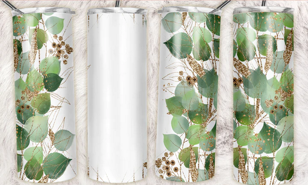 Gold Glitter Green Leaves Sublimation or Waterslide Wrap - 20oz and 30oz