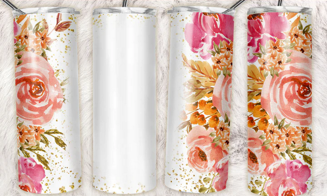 Gold Sparkle Pink Blush Floral Sublimation or Waterslide Wrap - 20oz and 30oz