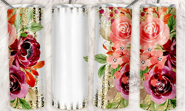 Gold Sparkle Stripe Red Floral Sublimation or Waterslide Wrap - 20oz and 30oz