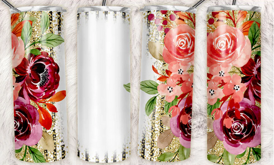 Gold Sparkle Stripe Red Floral Sublimation or Waterslide Wrap - 20oz and 30oz