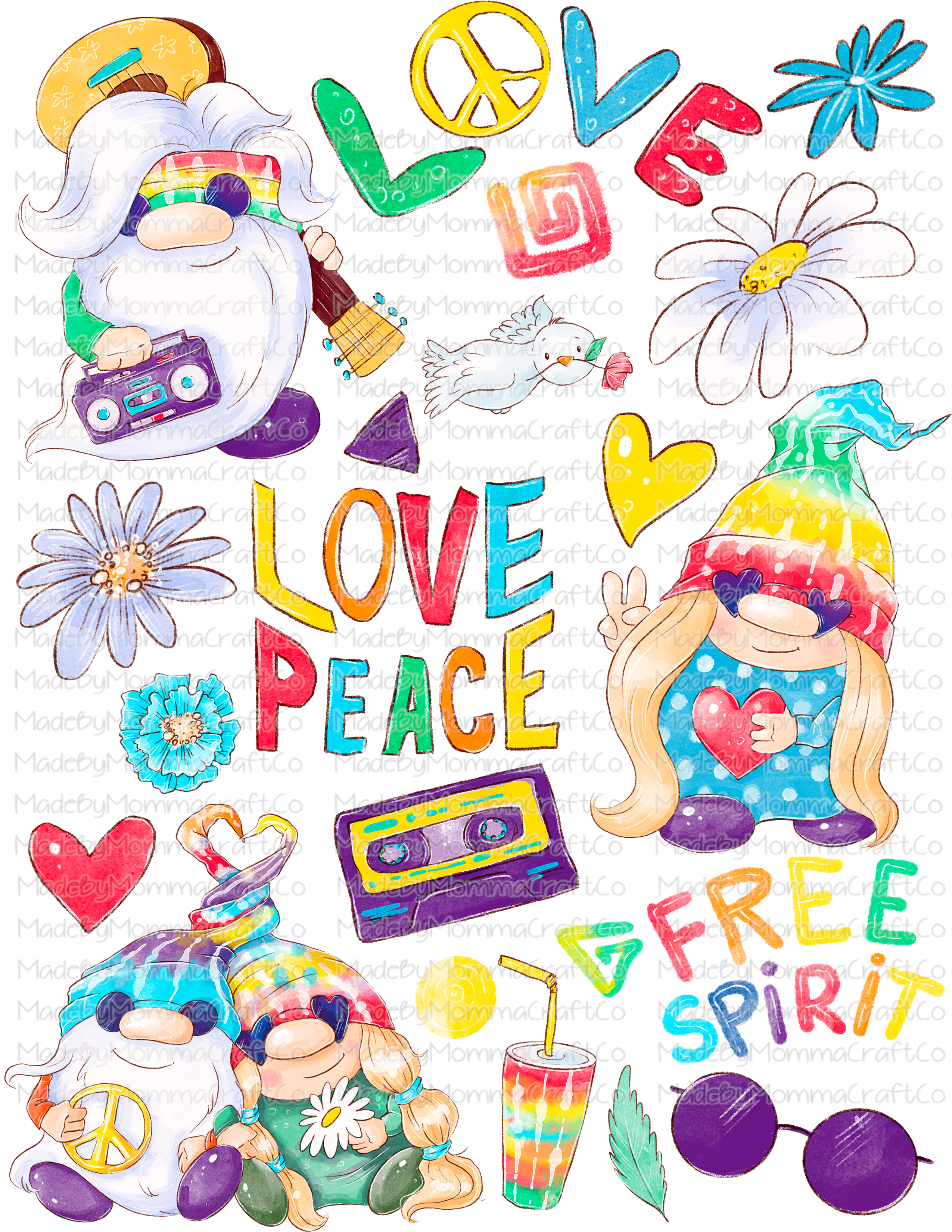 Hippie Gnomes Peace Cheat Clear Waterslide ™ or Sticker Themed Sheet  Elements Sheet