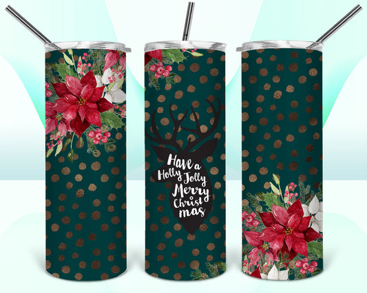 Holly Jolly Christmas Deer Poinsettia Sublimation Tumbler Wrap - Or Clear Waterslide Wrap