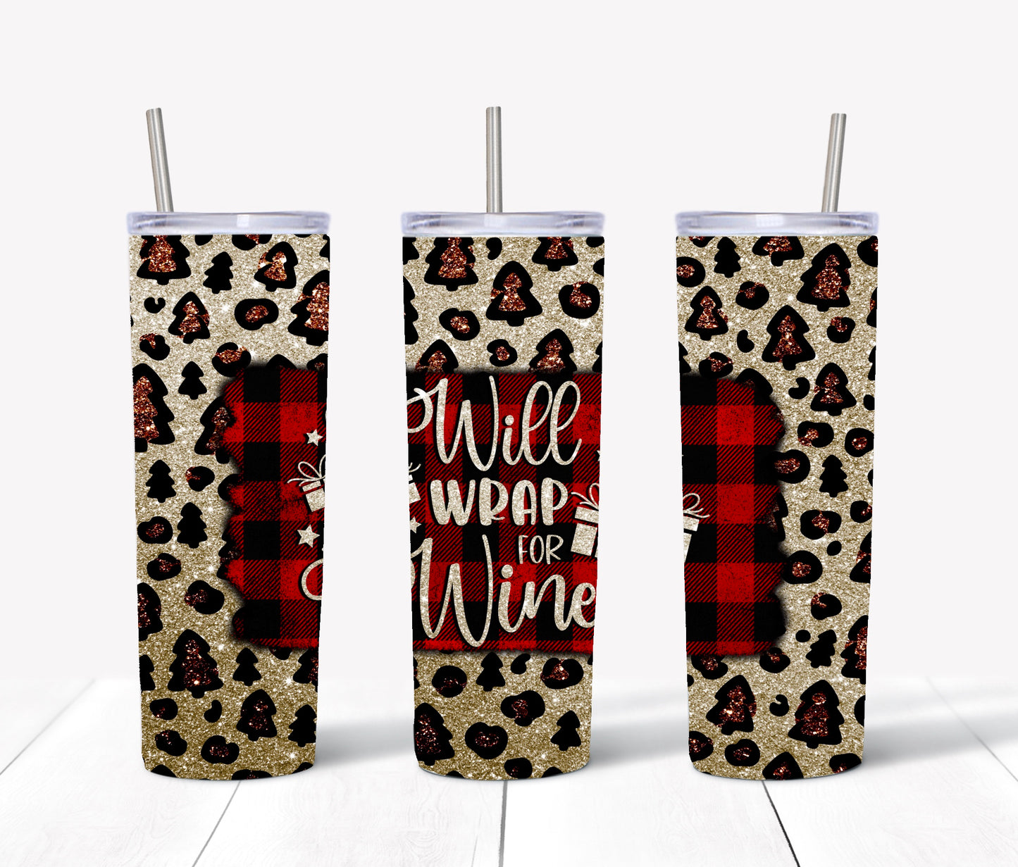 Will Wrap for Wine Christmas Leopard Plaid Sublimation Tumbler Wrap - Or Clear Waterslide Wrap