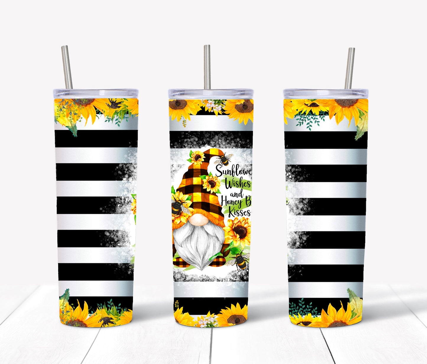 Sunflower Wishes and Bumble Bee Kisses Gnome Sublimation Tumbler Wrap - Or Clear Waterslide Wrap