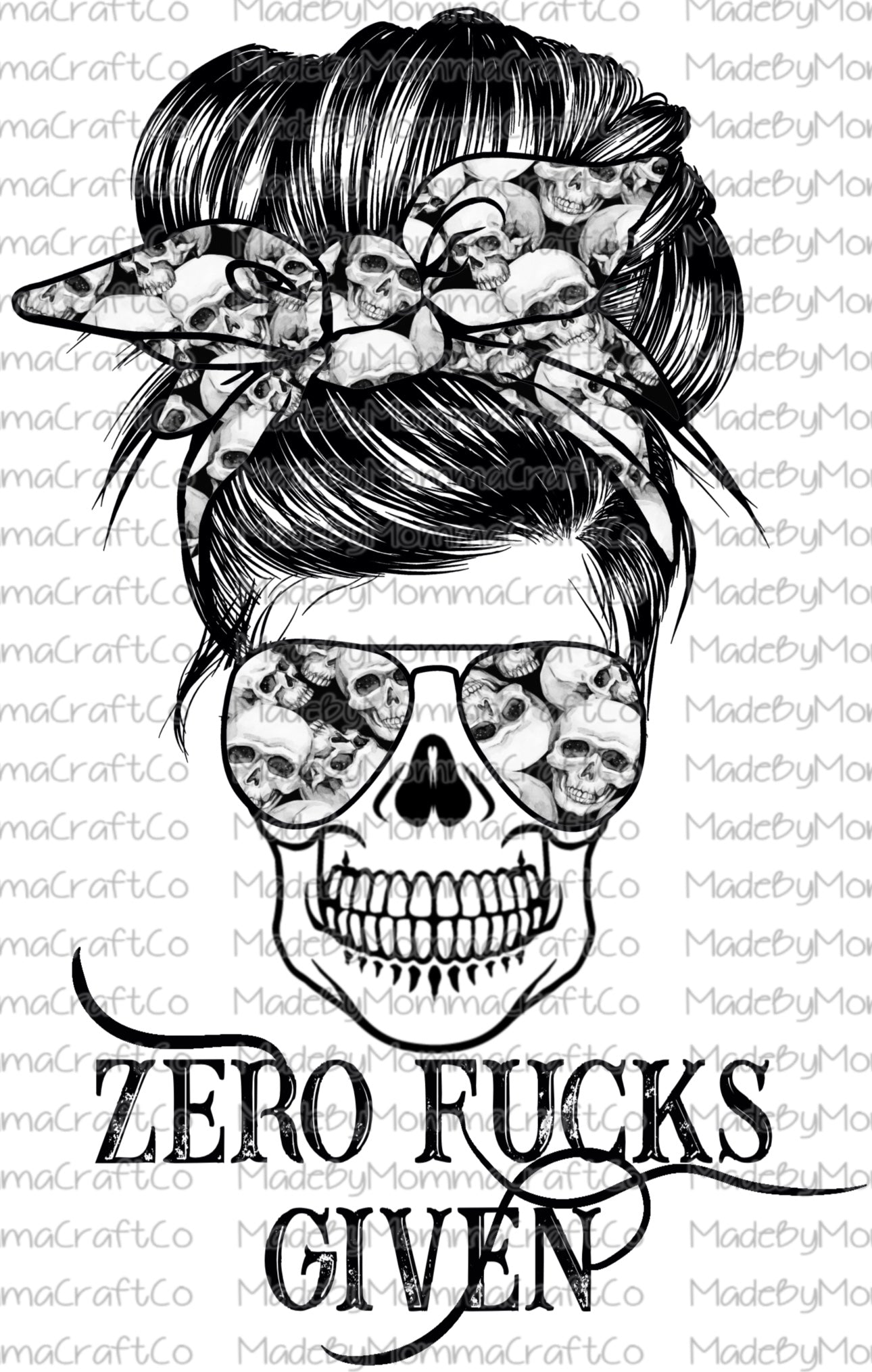 Zero Fucks Given Messy Bun Skulls Cheat Clear Waterslide™ or White Cast Sticker Or Digital Download