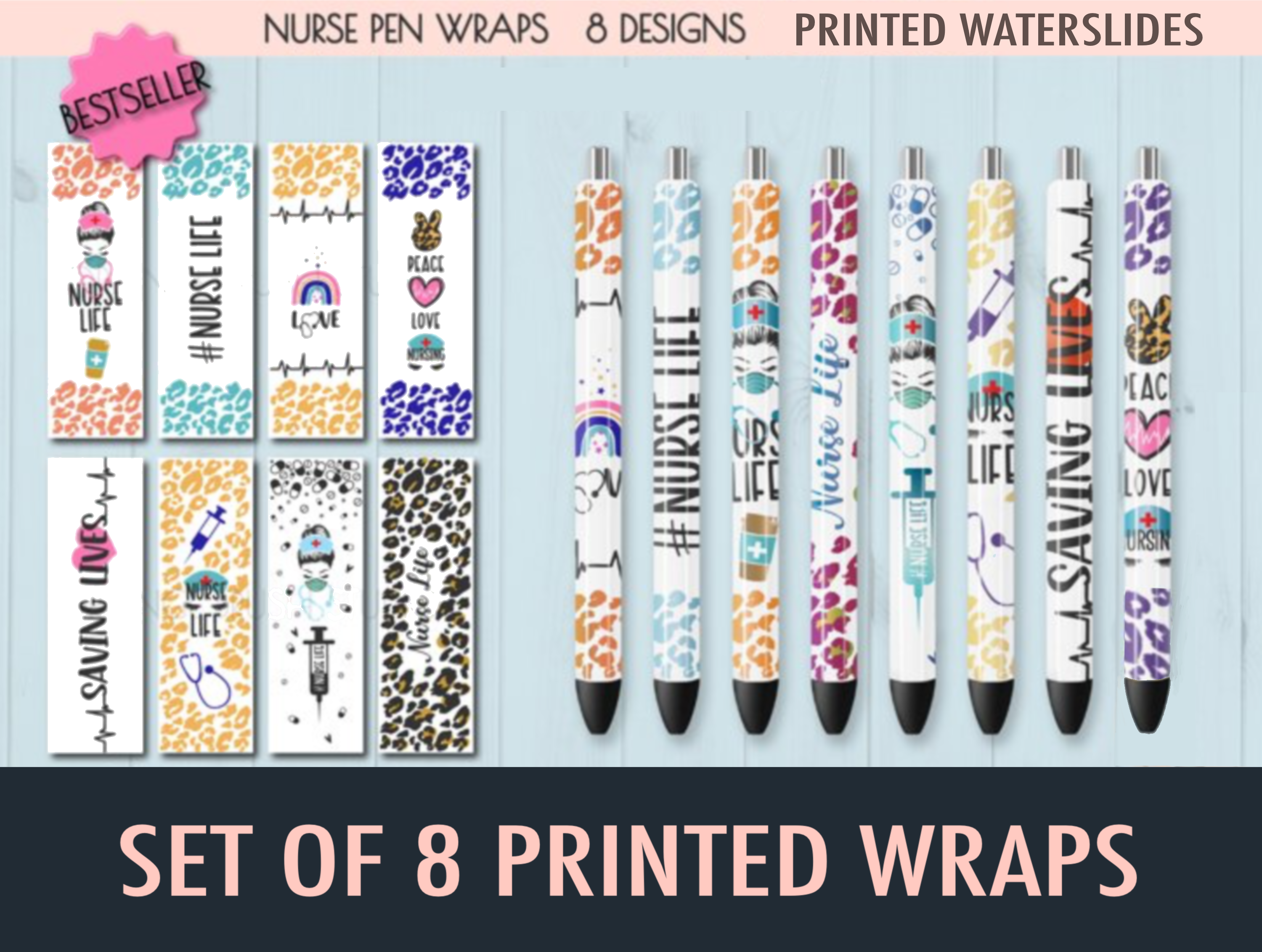 Nurse Set Of 8 Printed Waterslide Pen Wraps