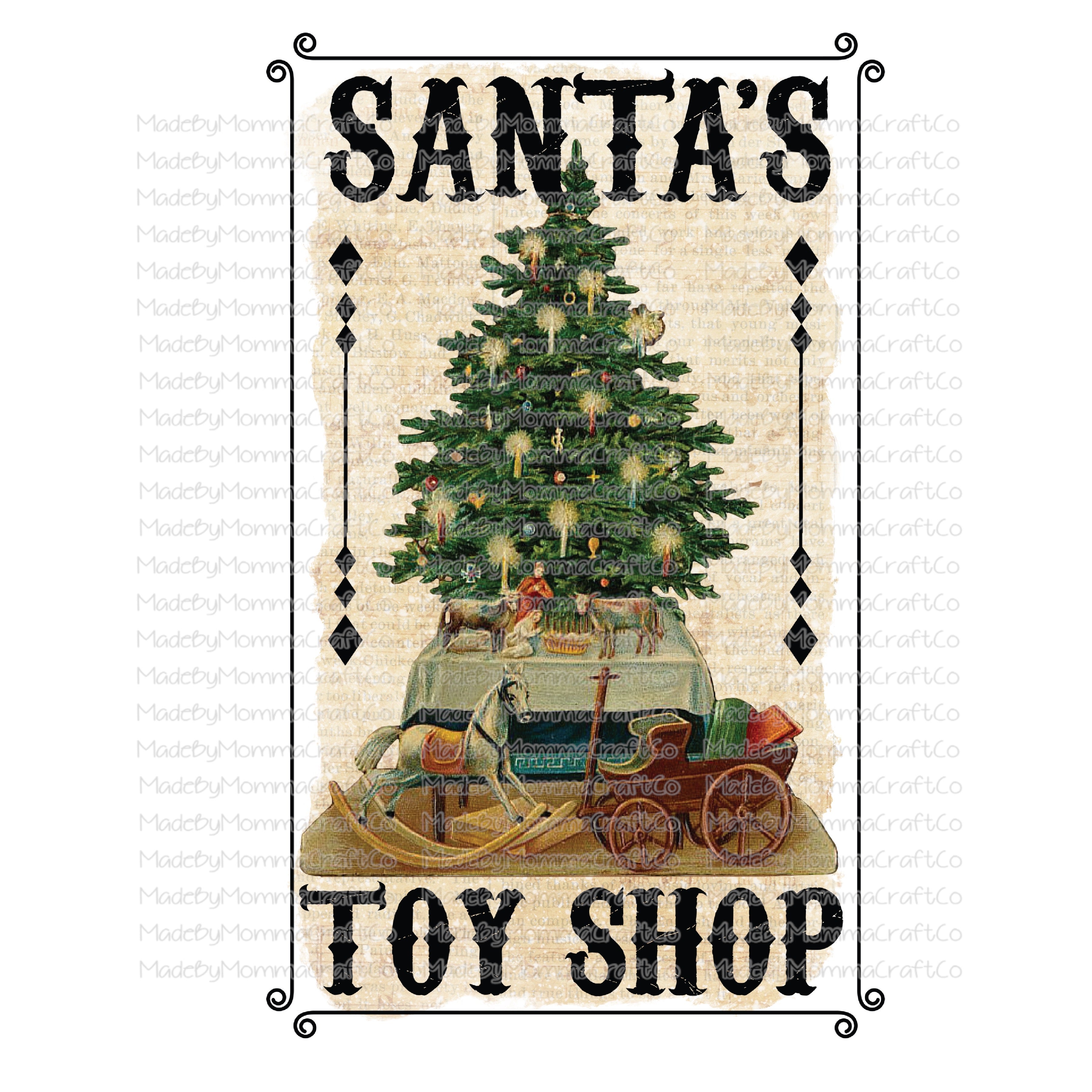 Santa&#39;s Toy Shop Vintage Christmas -Cheat Clear Waterslide™ or White Cast Sticker