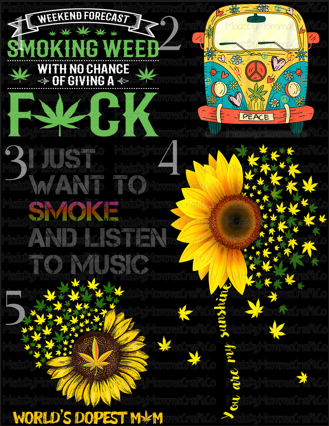Pot Leaf Hippie Bus &amp; Pot Leaf Sunflower - Cheat Clear Waterslide™ or White Cast Sticker