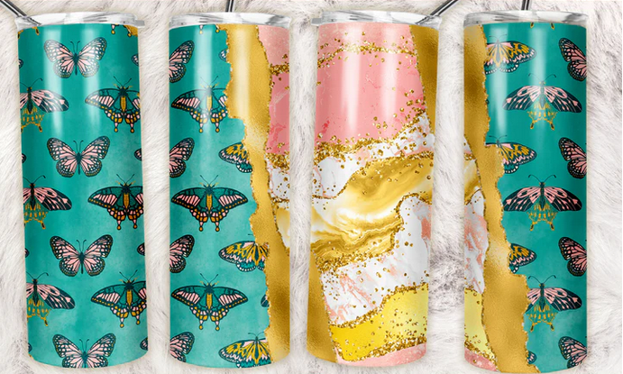 Gold pink teal butterfly tumbler straight Sublimation Tumbler Wrap - Or Clear Waterslide Wrap