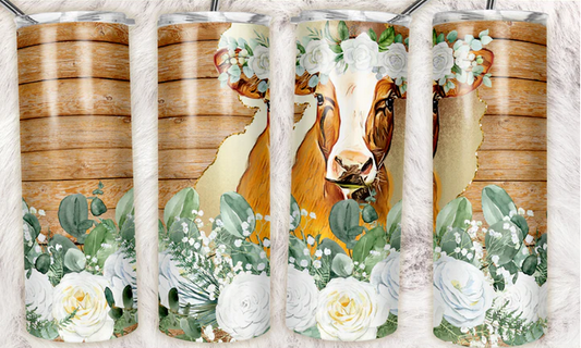 Rustic wood floral cow Sublimation Tumbler Wrap - Or Clear Waterslide Wrap