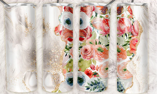 Marble glitter floral tumbler straight Sublimation Tumbler Wrap - Or Clear Waterslide Wrap