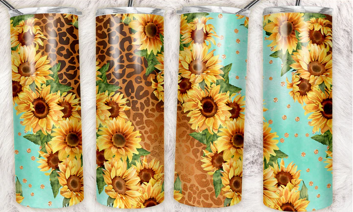 Sunflower teal leopard Sublimation Tumbler Wrap - Or Clear Waterslide Wrap