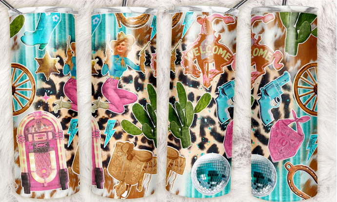 Retro western pink teal tumbler straight Sublimation Tumbler Wrap - Or Clear Waterslide Wrap