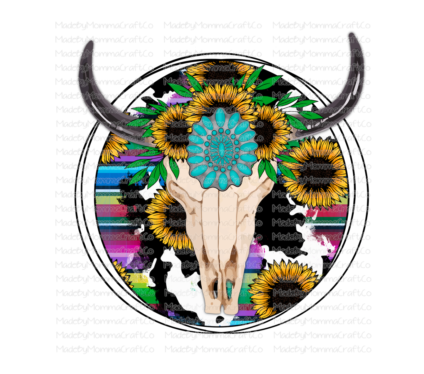 Cowprint Sunflowers Turquois Western Skull - Cheat Clear Waterslide™ or White Cast Sticker