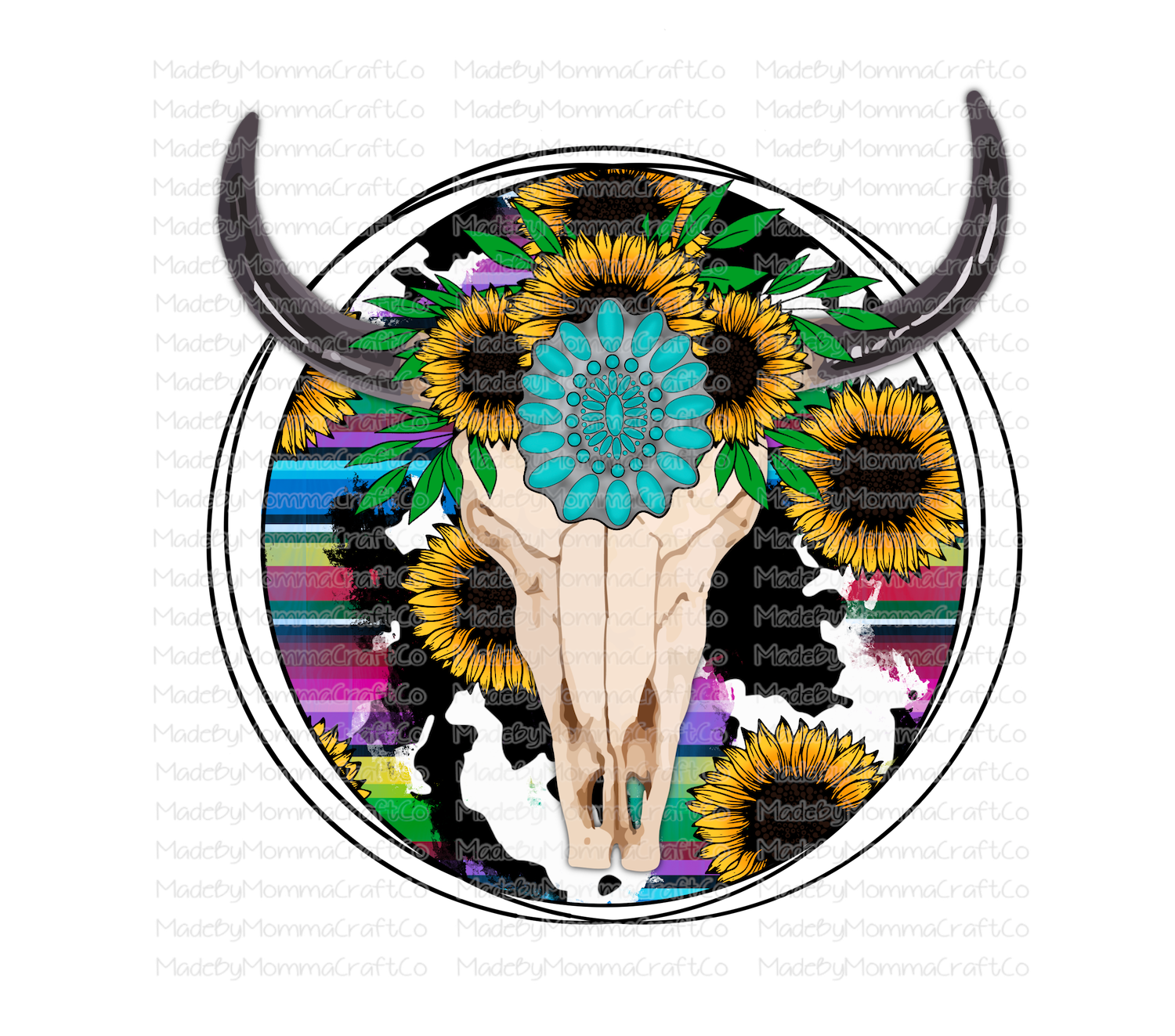 Cowprint Sunflowers Turquois Western Skull - Cheat Clear Waterslide™ or White Cast Sticker
