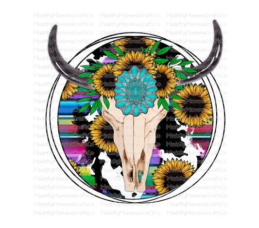 Cowprint Sunflowers Turquois Western Skull - Cheat Clear Waterslide™ or White Cast Sticker