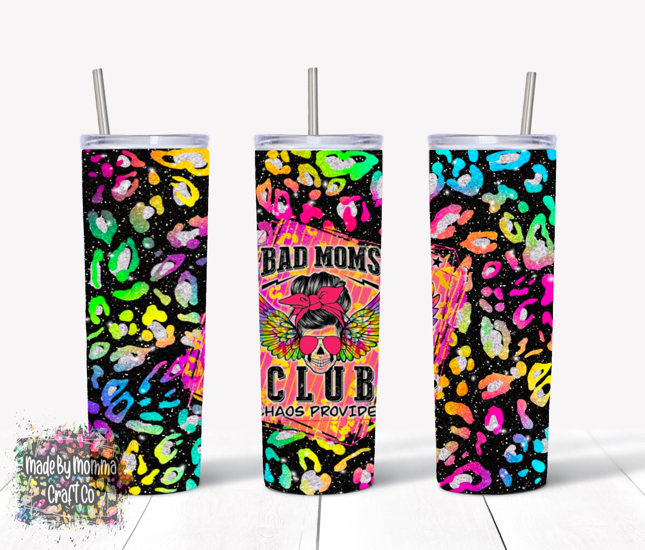 Bad Moms Club Messy Bun Skull Chaos Provided Pink Tie Dye Leopard Sublimation Tumbler Wrap - Or Clear Waterslide Wrap or Digital Download