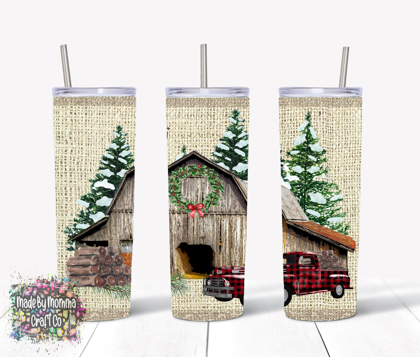 Burlap Christmas Plaid Truck and Barn Sublimation Tumbler Wrap - Or Clear Waterslide Wrap or Digital Download