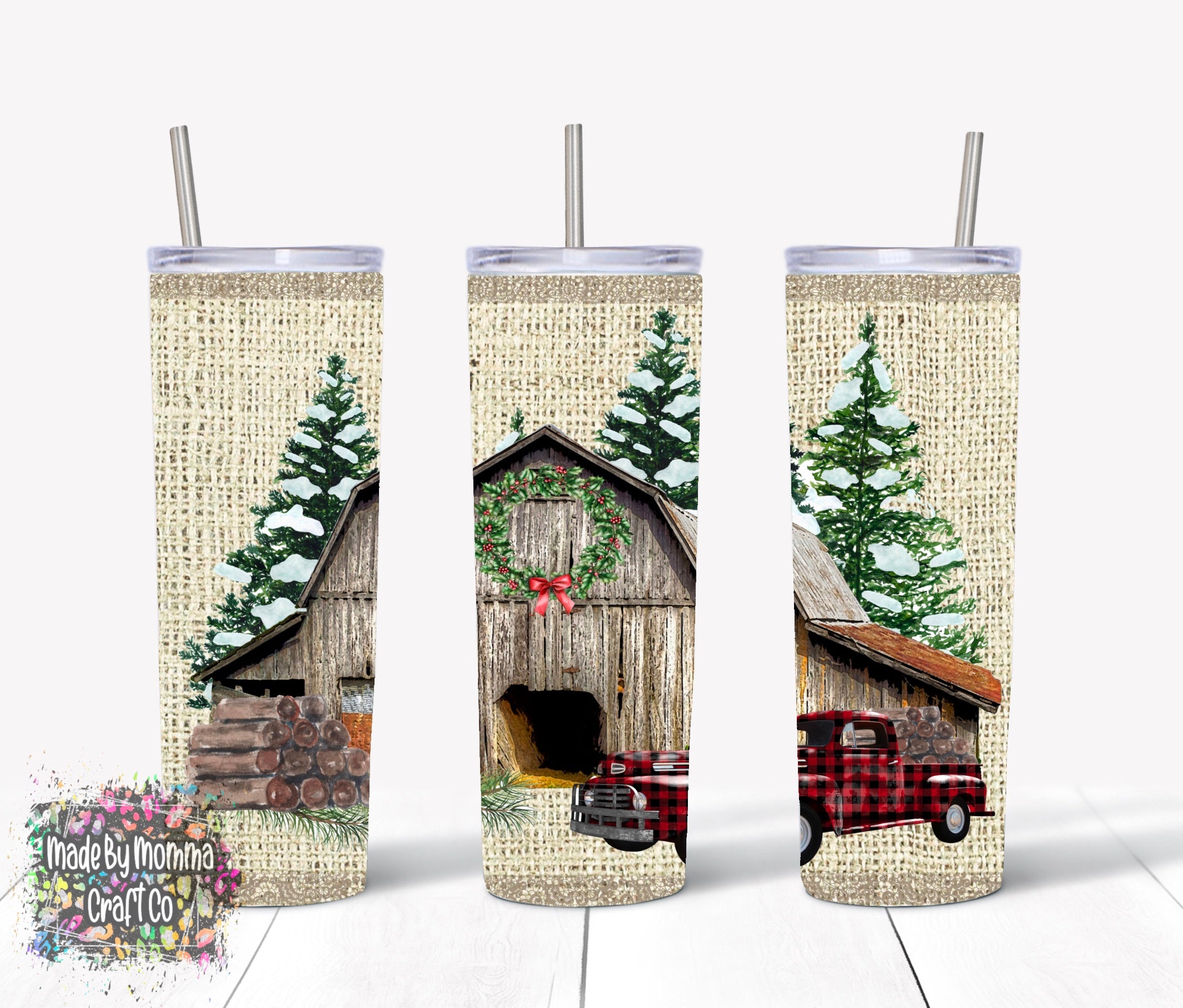 Burlap Christmas Plaid Truck and Barn Sublimation Tumbler Wrap - Or Clear Waterslide Wrap or Digital Download