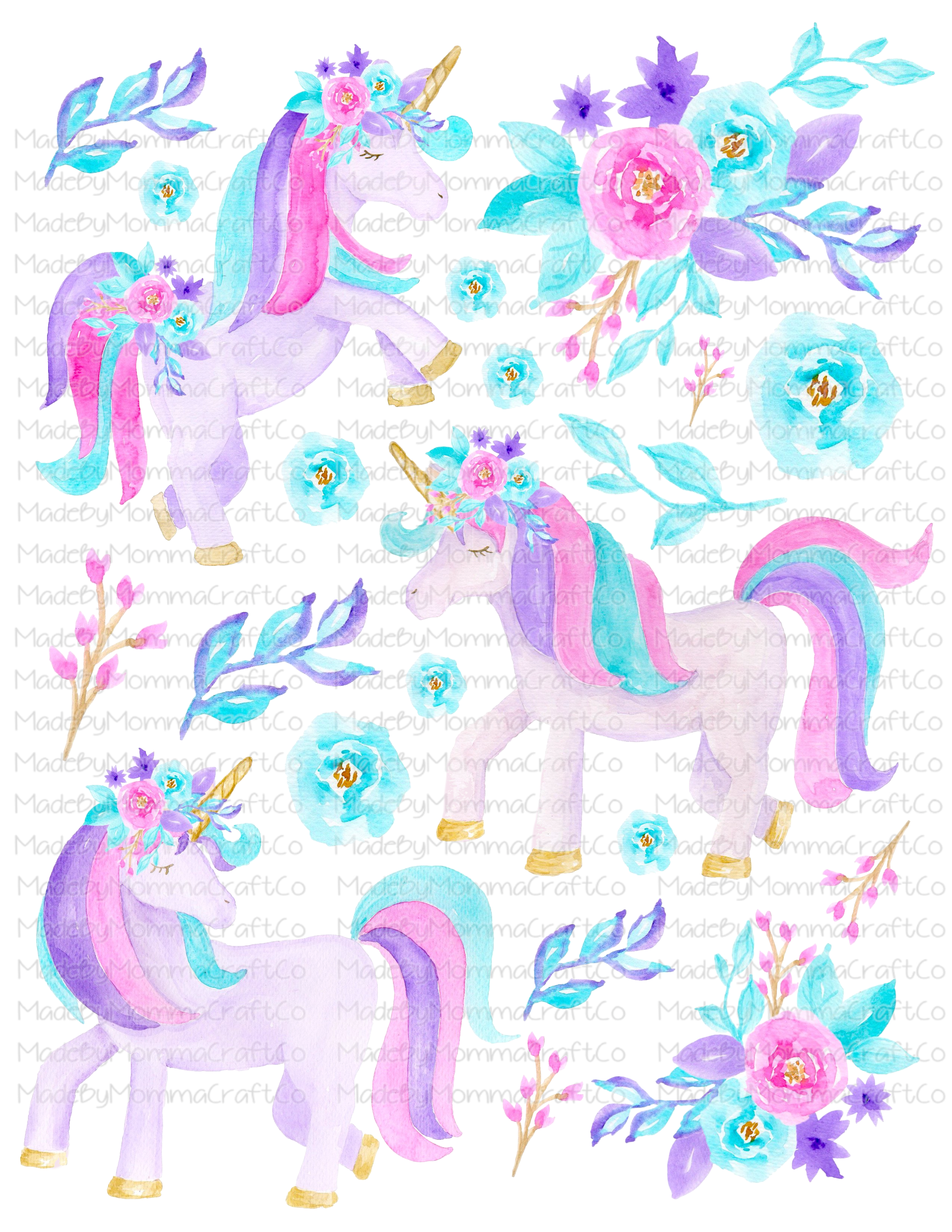 Watercolor Unicorns Cheat Clear Waterslide ™ or Sticker Themed Sheet  Elements Sheet