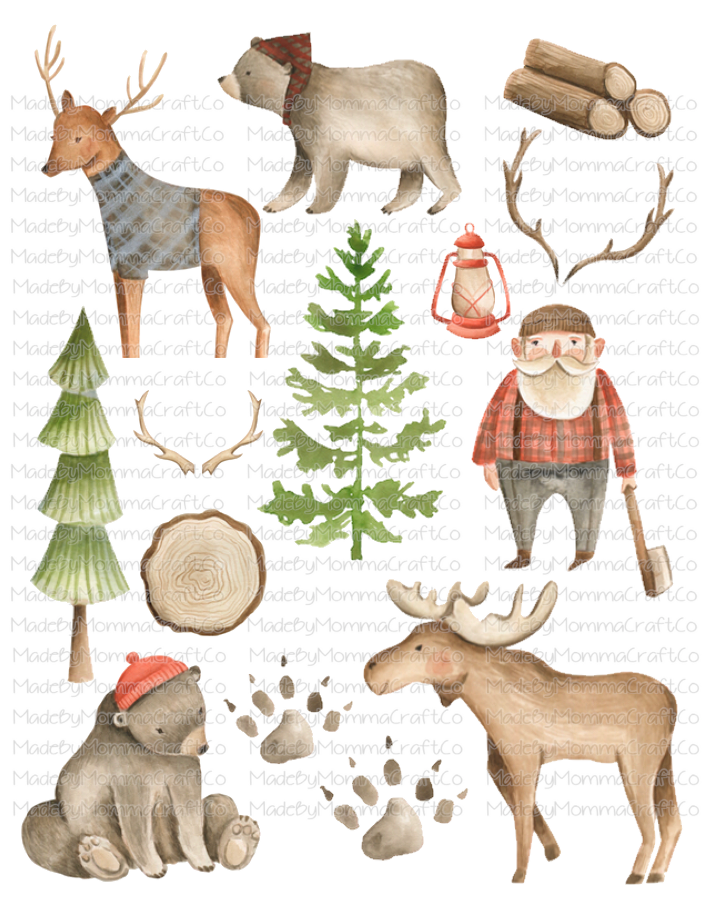 Lumber Jack Woodland Creatures Cheat Clear Waterslide ™ or Sticker Themed Sheet  Elements Sheet