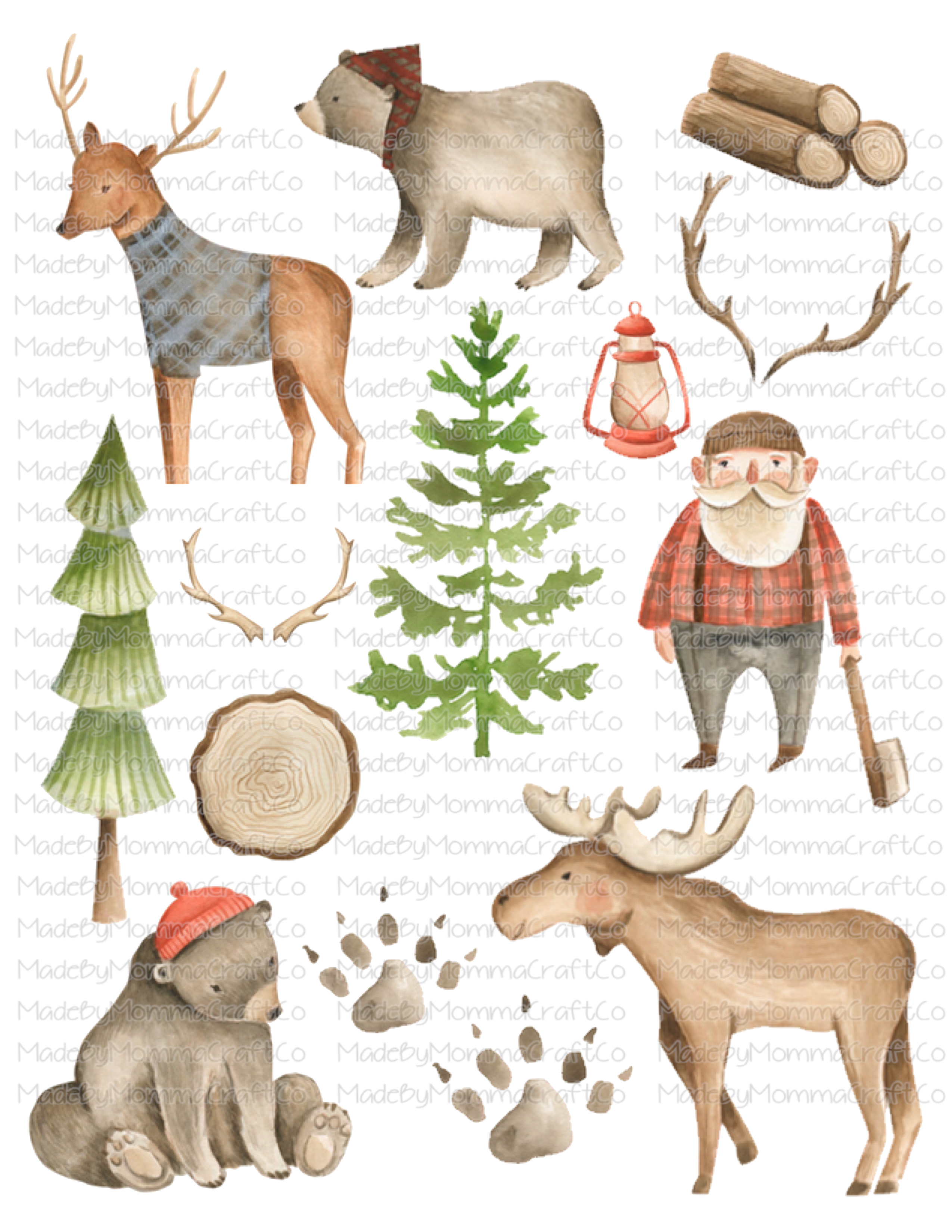 Lumber Jack Woodland Creatures Cheat Clear Waterslide ™ or Sticker Themed Sheet  Elements Sheet