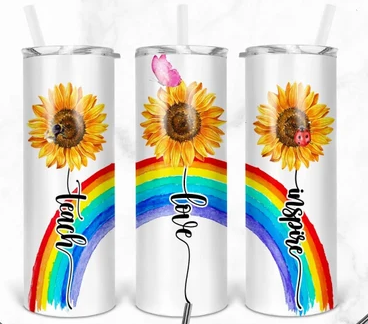 Love Teach Inspire Sunflower Rainbow Tumbler Wrap - Sublimation Or Clear Waterslide Wrap