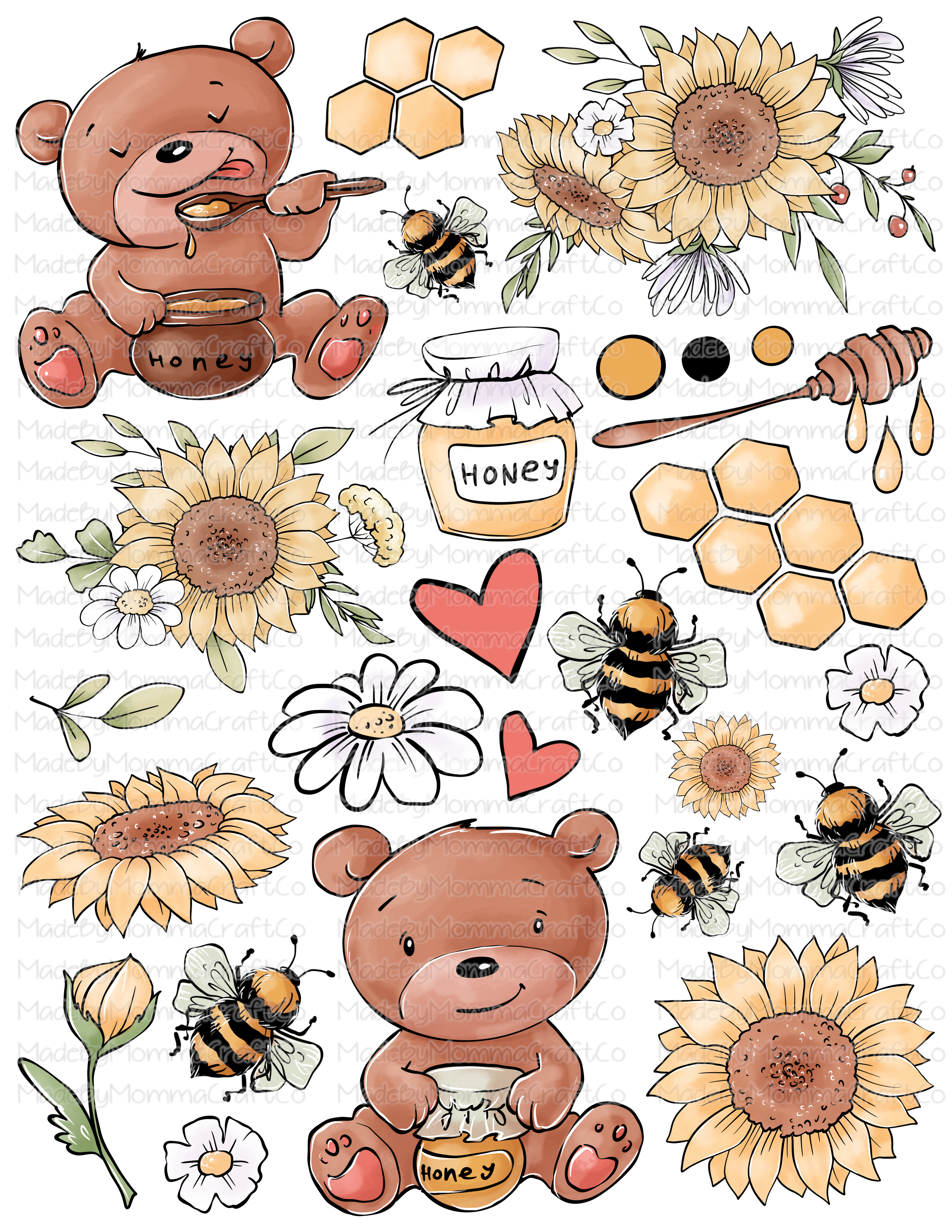 Bears and Honey Bees Cheat Clear Waterslide ™ or Sticker Themed Sheet  Elements Sheet