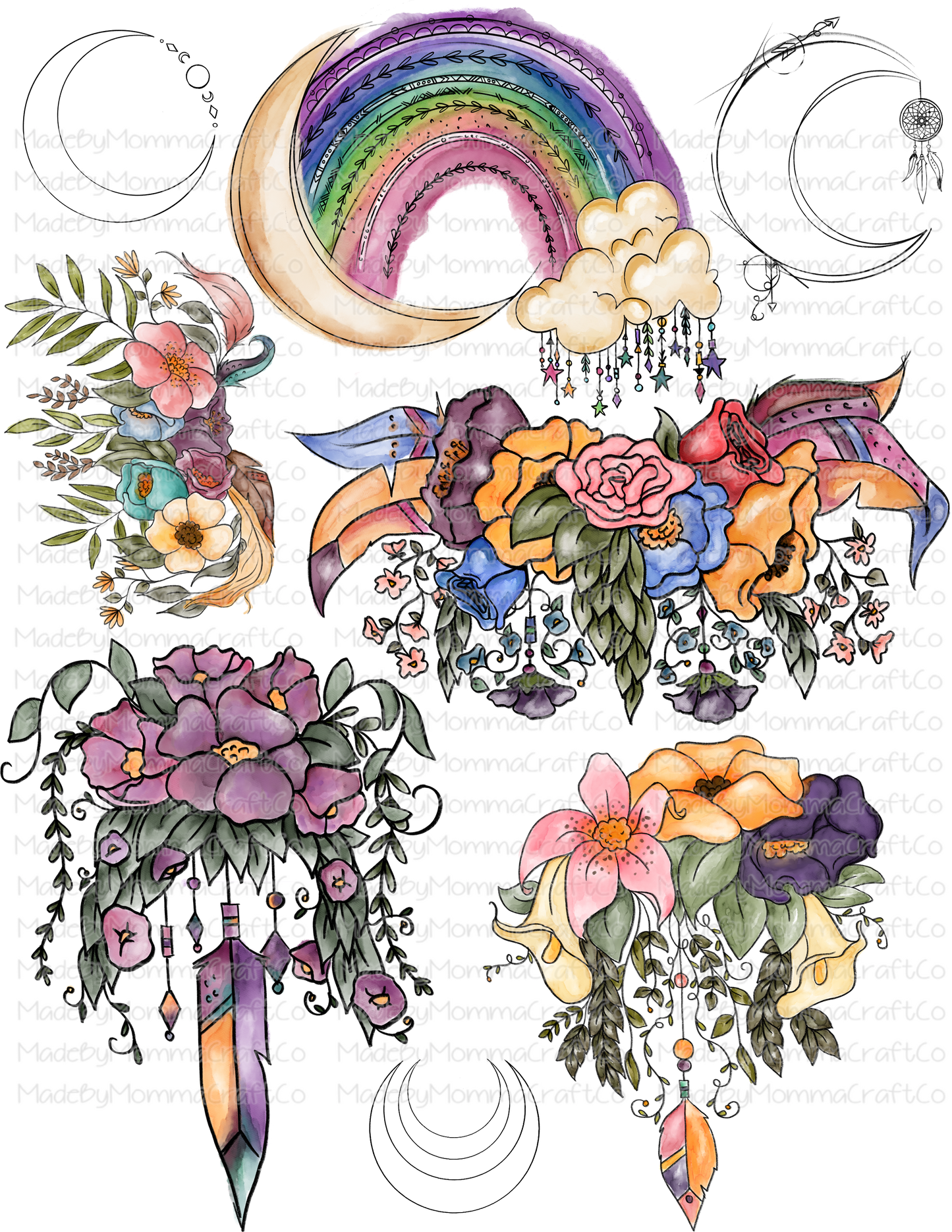 Boho Floral Rainbow Cheat Clear Waterslide ™ or Sticker Themed Sheet  Elements Sheet