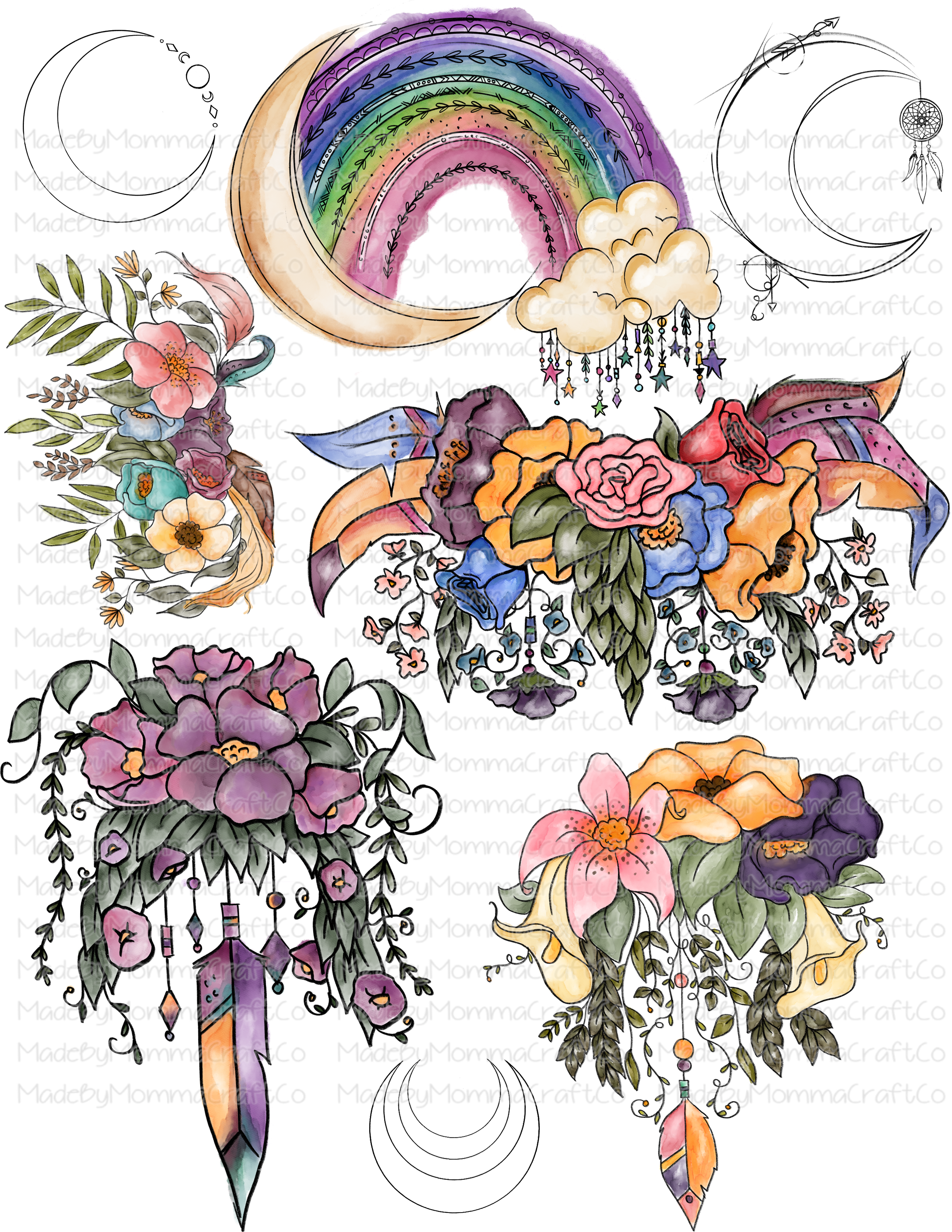 Boho Floral Rainbow Cheat Clear Waterslide ™ or Sticker Themed Sheet  Elements Sheet