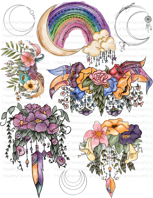 Boho Floral Rainbow Cheat Clear Waterslide ™ or Sticker Themed Sheet  Elements Sheet