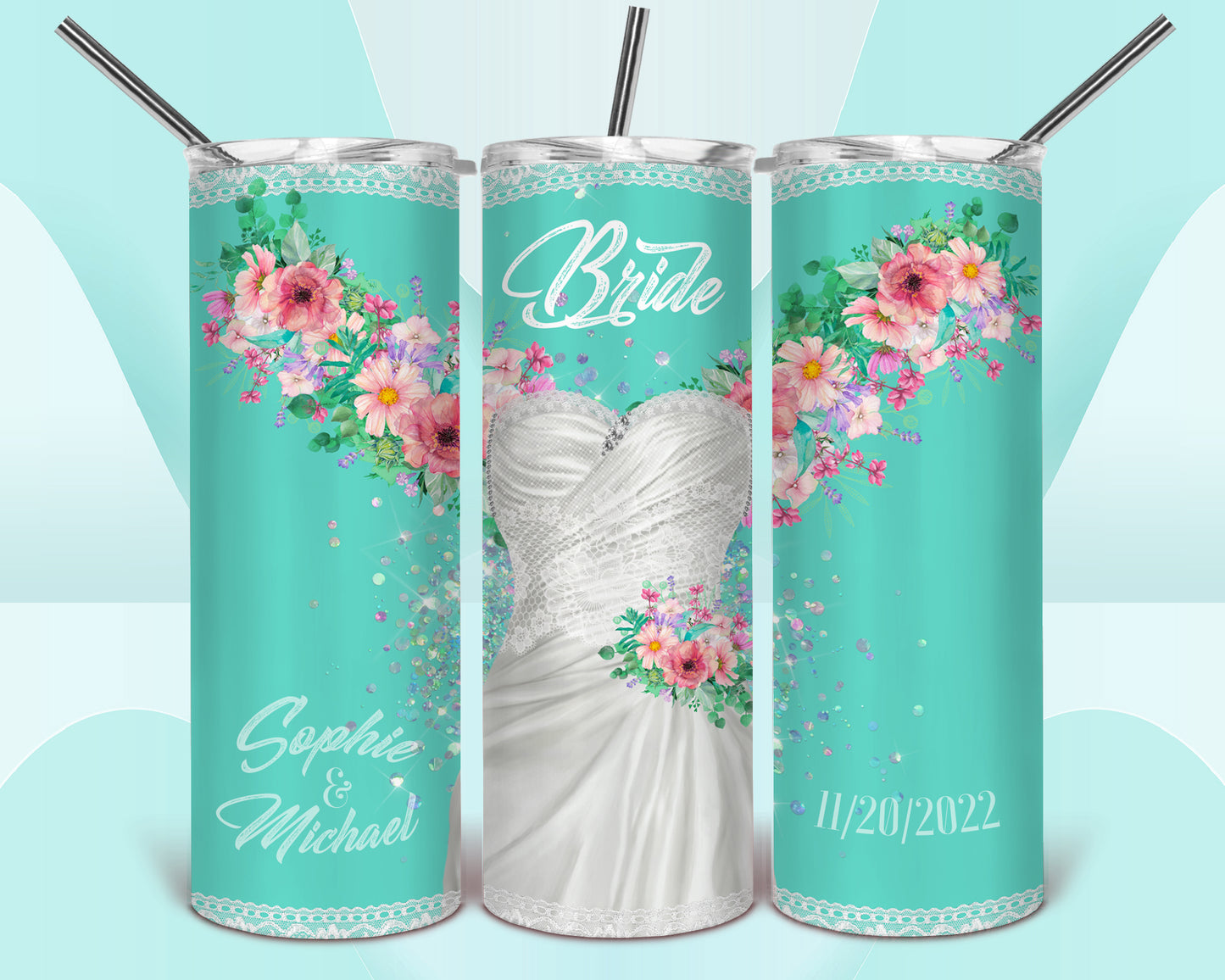 Teal Floral Bride Sublimation Tumbler Wrap - Or Clear Waterslide Wrap