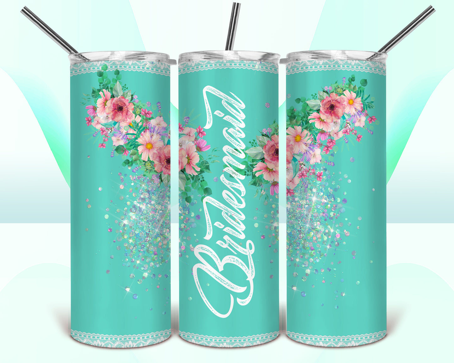 Bridesmaid Teal Floral Sublimation Tumbler Wrap - Or Clear Waterslide Wrap