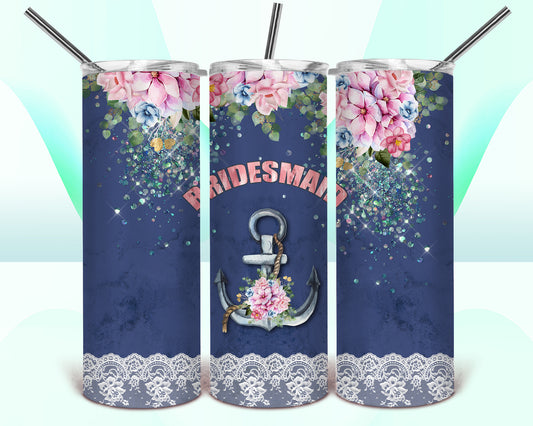 Bridesmaid Floral Anchor Sublimation Tumbler Wrap - Or Clear Waterslide Wrap