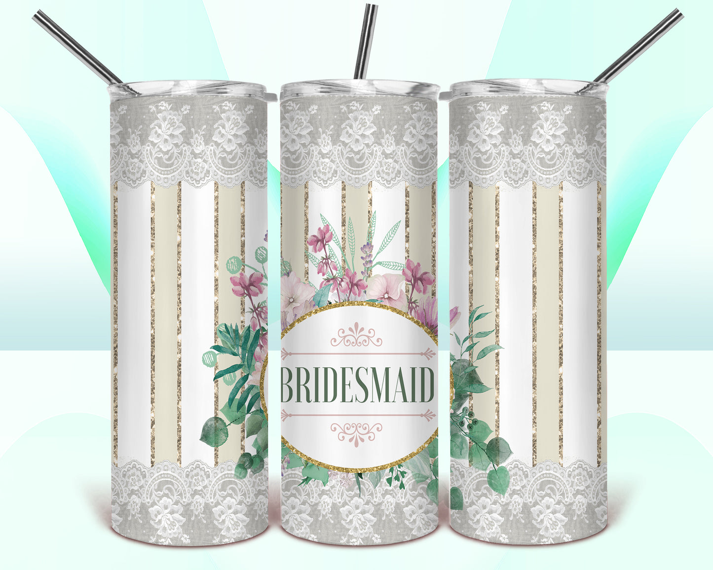 Bridesmaid Floral Lace Striped Sublimation Tumbler Wrap - Or Clear Waterslide Wrap