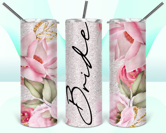 Bride Pink Floral Sublimation Tumbler Wrap - Or Clear Waterslide Wrap