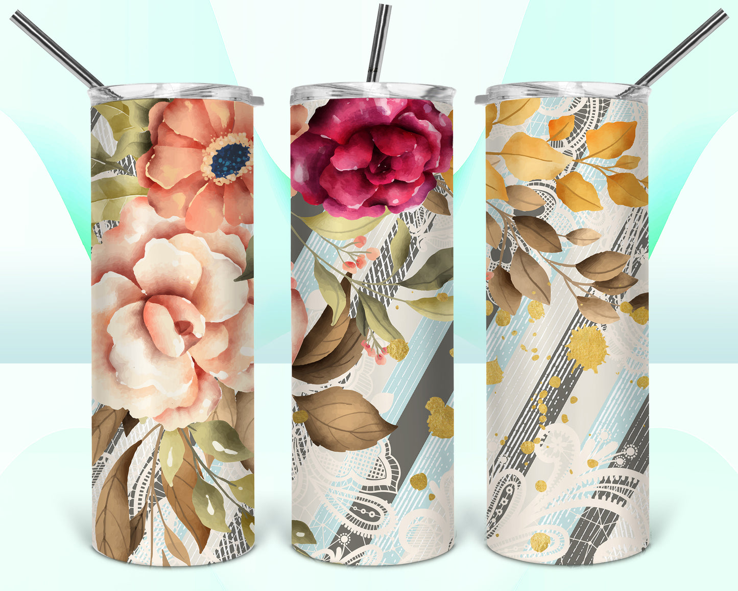 Floral Lace Stripes Sublimation Tumbler Wrap - Or Clear Waterslide Wrap