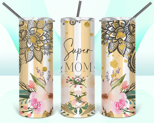 Super Mom Floral Lace Stripes Sublimation Tumbler Wrap - Or Clear Waterslide Wrap