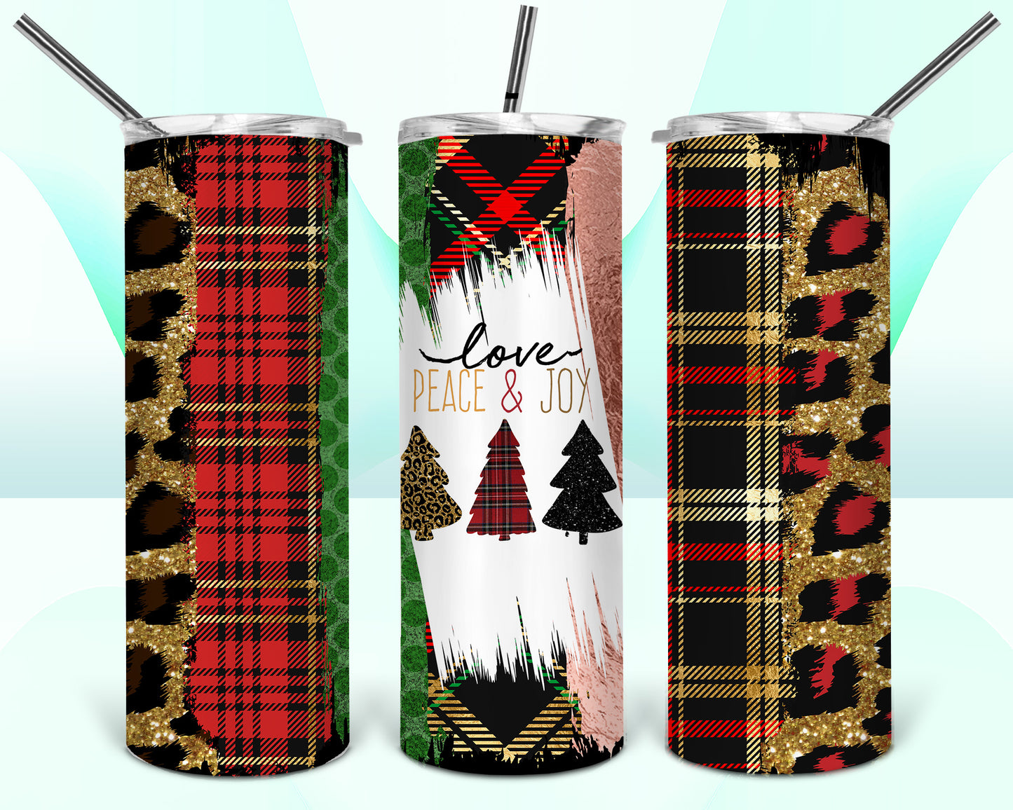 Peace Love Joy Christmas Leopard Plaid Sublimation Tumbler Wrap - Or Clear Waterslide Wrap