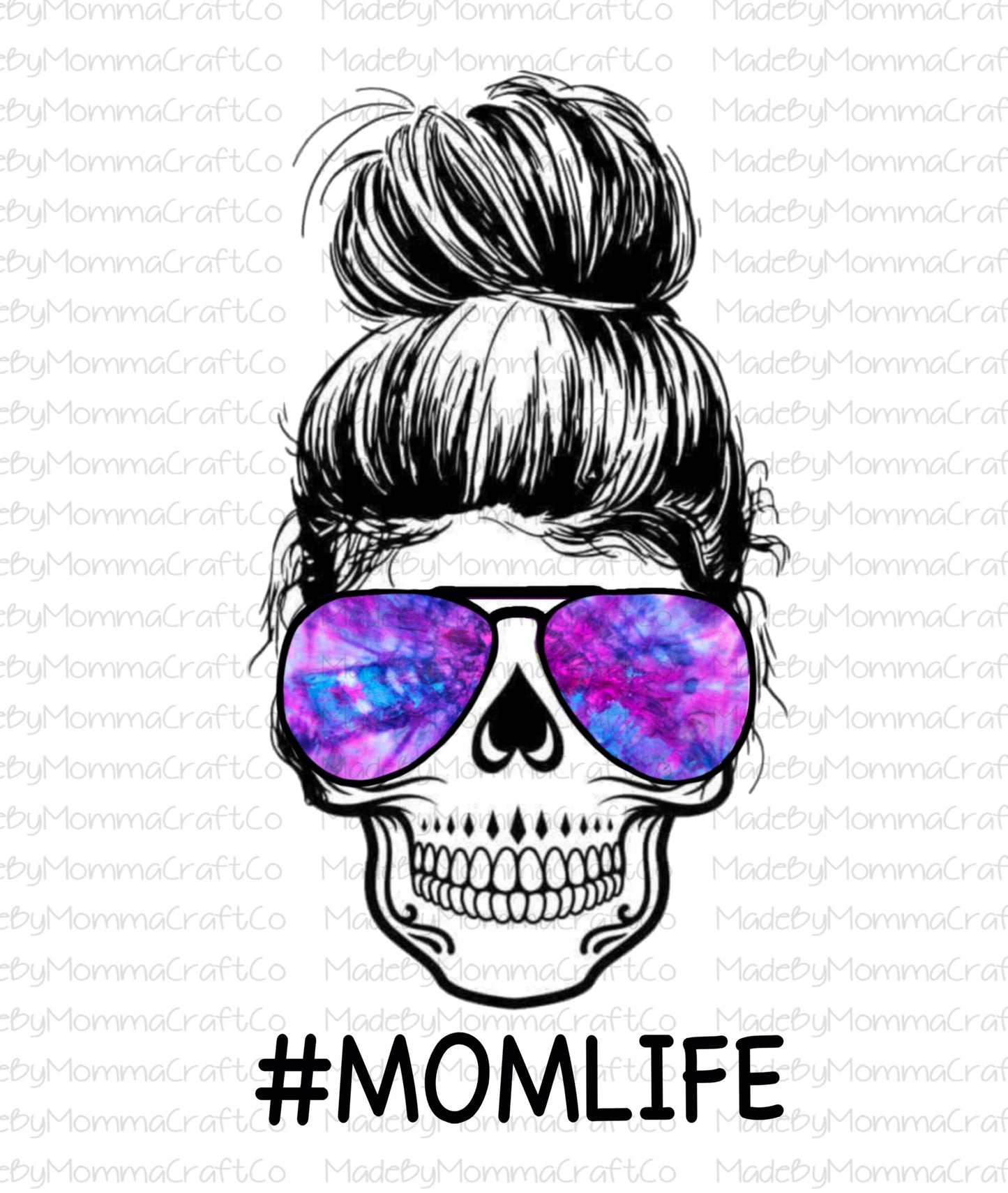 Purple Blue Tye Die Mom Life Skull-Cheat Clear Waterslide™ or White Cast Sticker