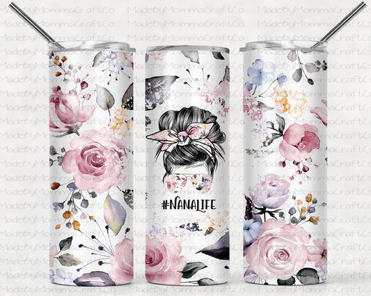 Floral Nana Life Messy Bun Sublimation Tumbler Wrap - Or Clear Waterslide Wrap