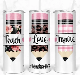 Teach Love Inspire Pencil Teacher Tumbler Wrap - Sublimation Or Clear Waterslide Wrap