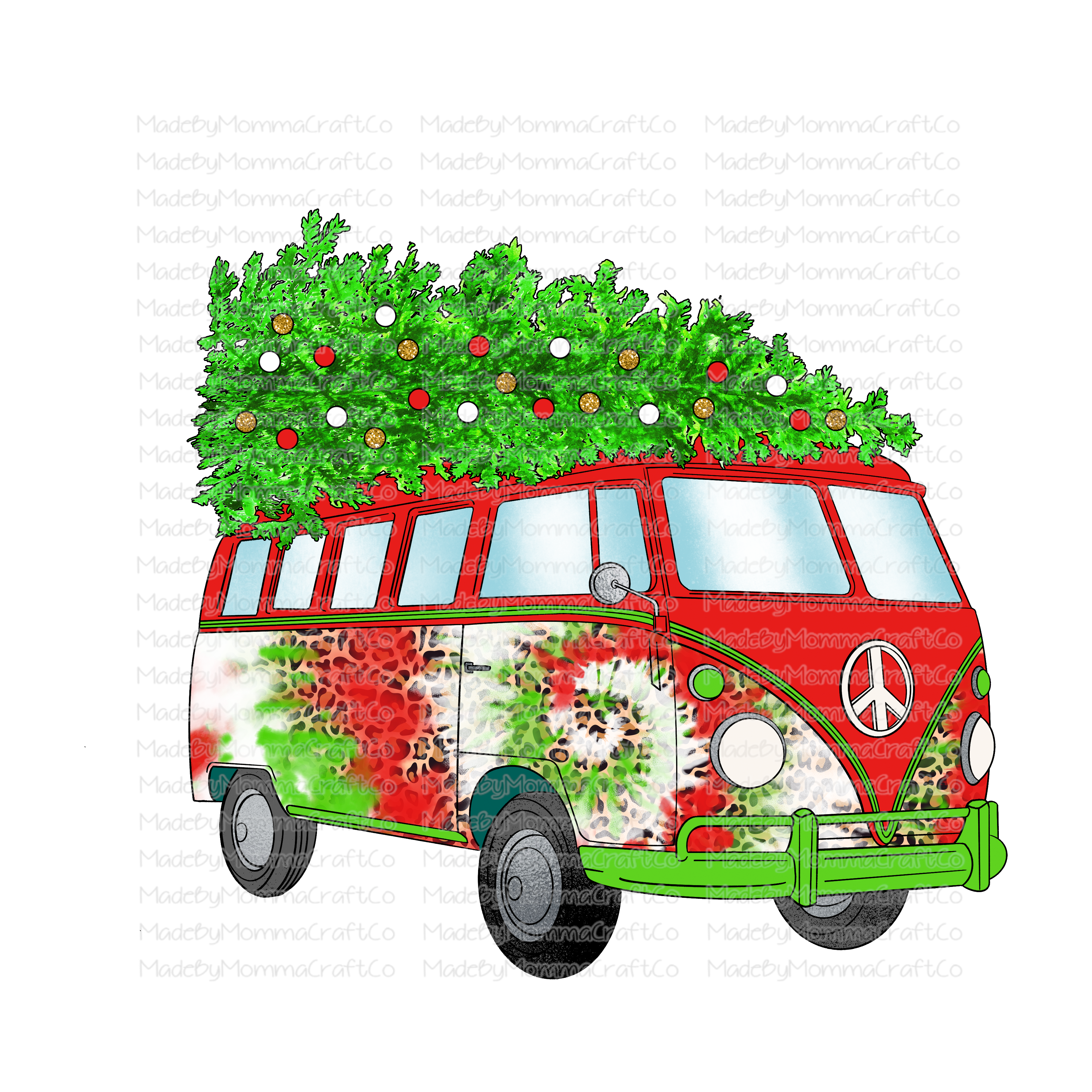 Hippie Bus - Christmas - Tie Dye - Cheat Clear Waterslide™ or White Cast Sticker